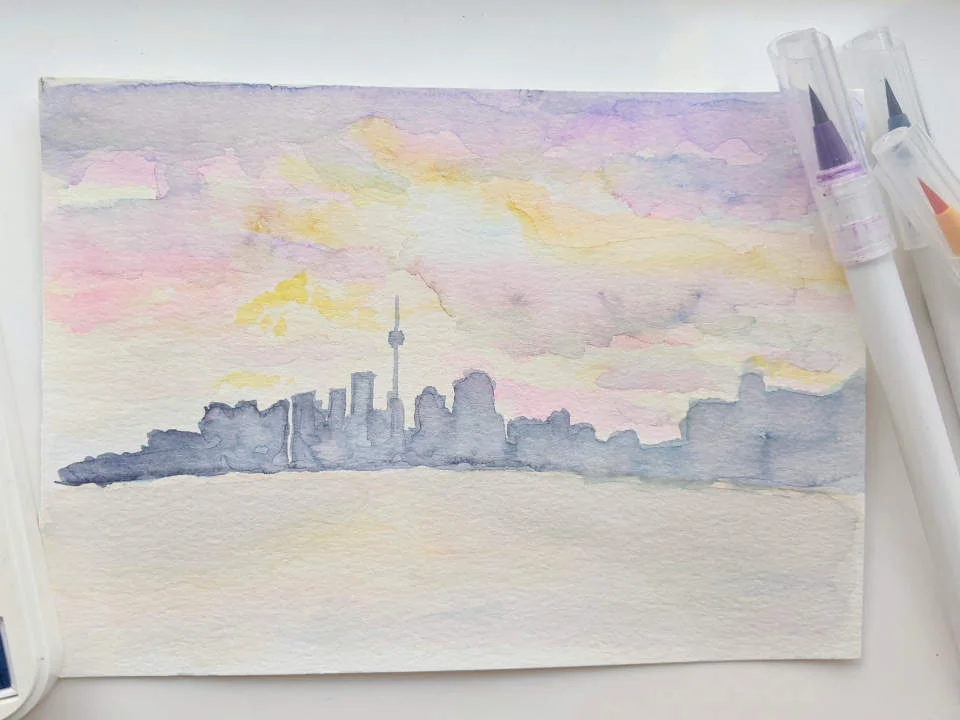 watercolour Toronto sunset painting with watercolour paints