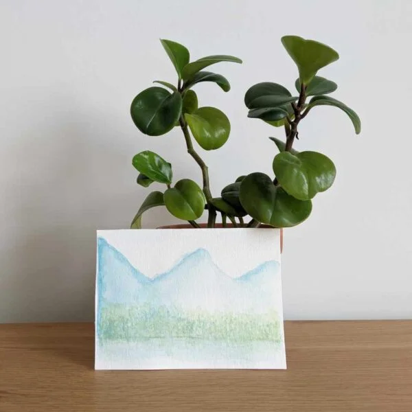 Blue Mountains v2 painting with plant on desk