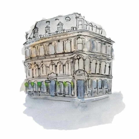 Cafe Royal illustrated in ink and watercolour against a white background