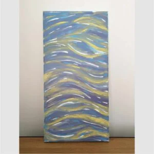 table with large canvas painting of waves in blue, purple, yellow and white
